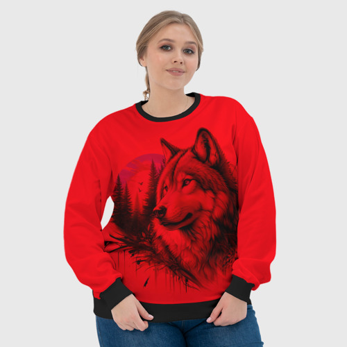 Женский свитшот 3D Рисунок волка на красном, цвет 3D печать - фото 6