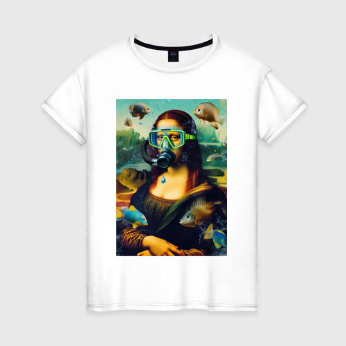 Женская футболка из хлопка с принтом Мона Лиза под водой - нейросеть, вид спереди №1