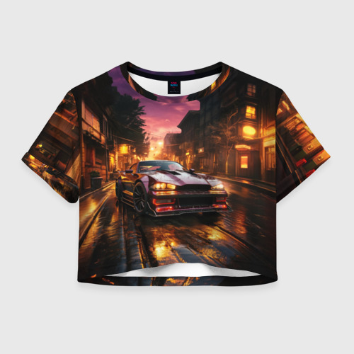 Женская футболка Crop-top 3D Спорткар на вечерней улице, цвет 3D печать