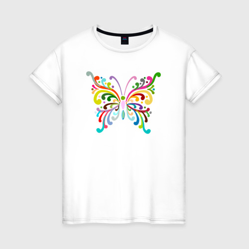 Женская футболка из хлопка с принтом Красочная бабочка, вид спереди №1