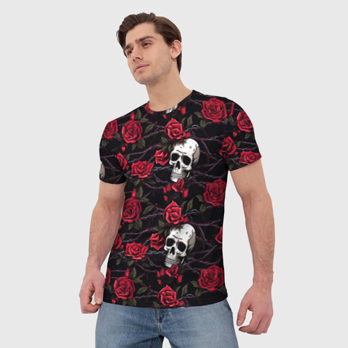 Мужская футболка 3D Черепа с алыми розами, цвет 3D печать - фото 3