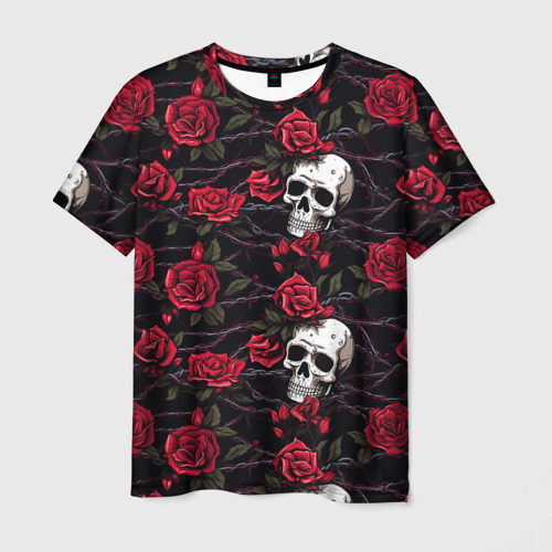 Мужская футболка 3D Черепа с алыми розами, цвет 3D печать