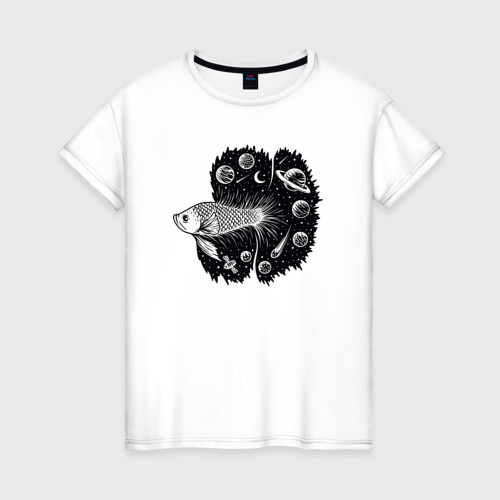 Женская футболка из хлопка с принтом Рыбка и космос, вид спереди №1