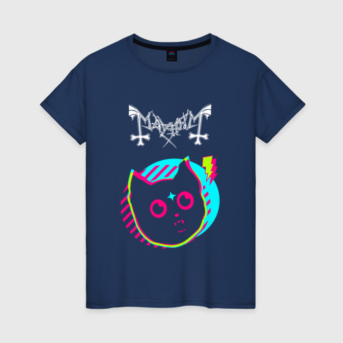 Женская футболка из хлопка с принтом Mayhem rock star cat, вид спереди №1