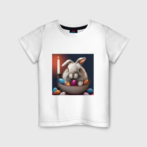 Детская футболка из хлопка с принтом Пасхальный зайчик при свечах, вид спереди №1