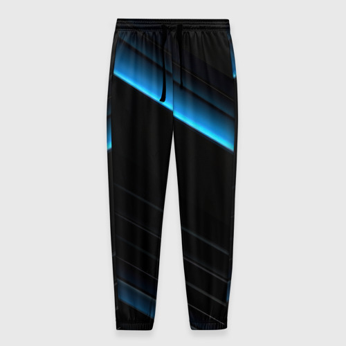 Мужские брюки с принтом Геометрическая синяя абстракция на черном   фоне минимализм, вид спереди №1