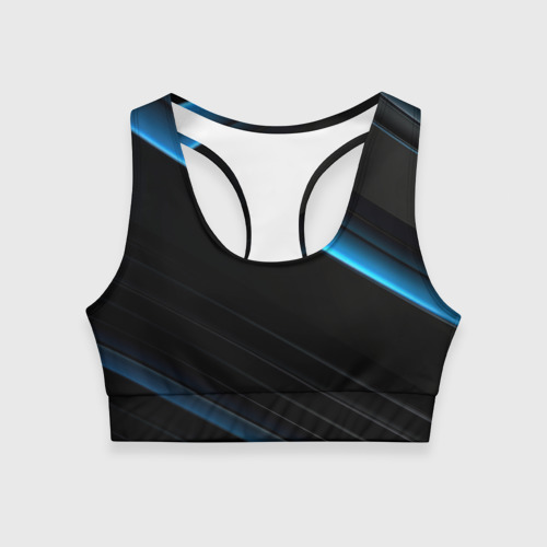 Женский спортивный топ с принтом Геометрическая синяя абстракция на черном   фоне минимализм, вид спереди №1
