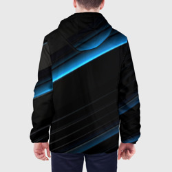 Куртка с принтом Геометрическая синяя абстракция на черном   фоне минимализм для мужчины, вид на модели сзади №2. Цвет основы: белый