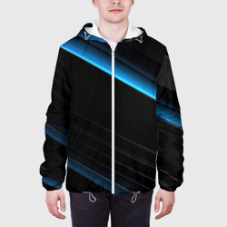 Куртка с принтом Геометрическая синяя абстракция на черном   фоне минимализм для мужчины, вид на модели спереди №3. Цвет основы: белый