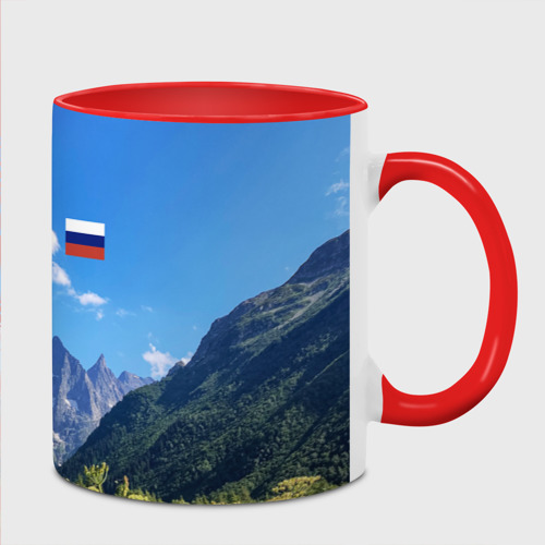 Кружка с полной запечаткой Горы России с флагом, цвет белый + красный