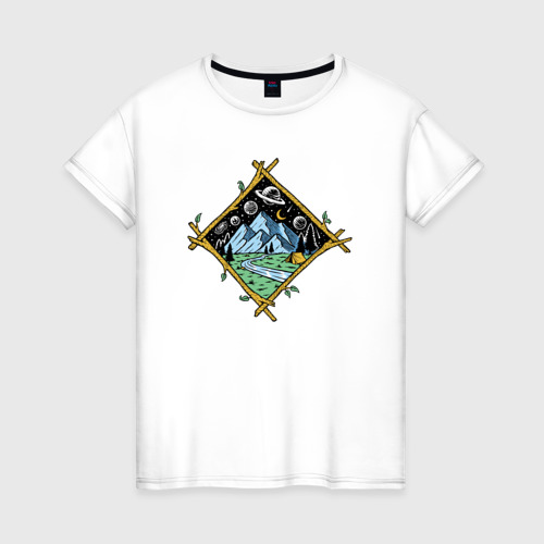 Женская футболка из хлопка с принтом Космос и горы, вид спереди №1
