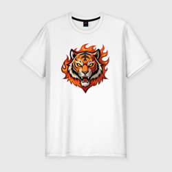 Мужская футболка хлопок Slim Голова тигра  в огне