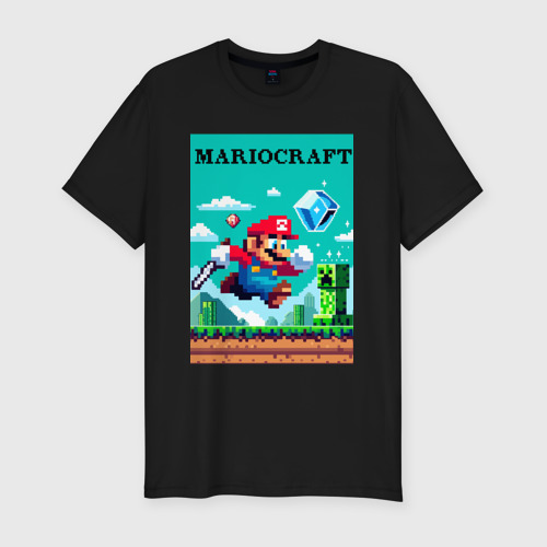 Мужская футболка хлопок Slim Mario and Minecraft - collaboration pixel art, цвет черный