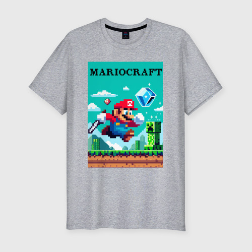 Мужская футболка хлопок Slim Mario and Minecraft - collaboration pixel art, цвет меланж