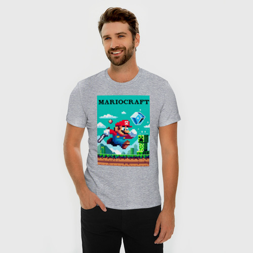Мужская футболка хлопок Slim Mario and Minecraft - collaboration pixel art, цвет меланж - фото 3
