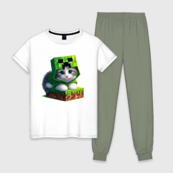 Женская пижама с белой футболкой хлопок Kitten creeper collaboration - ai art