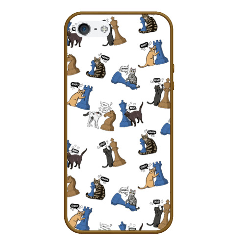 Чехол для iPhone 5/5S матовый Котики и шахматы белый, цвет коричневый