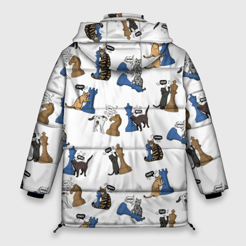 Женская зимняя куртка 3D с принтом Котики и шахматы белый, вид сзади #1