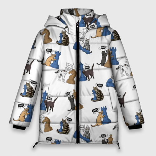Женская зимняя куртка 3D с принтом Котики и шахматы белый, вид спереди #2