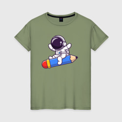 Космонавт и карандаш – Женская футболка хлопок с принтом купить со скидкой в -20%