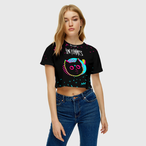 Женская футболка Crop-top 3D In Flames - rock star cat, цвет 3D печать - фото 3