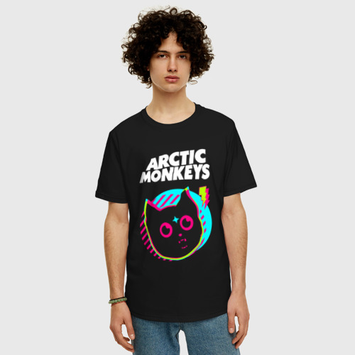Мужская футболка хлопок Oversize Arctic Monkeys rock star cat, цвет черный - фото 3