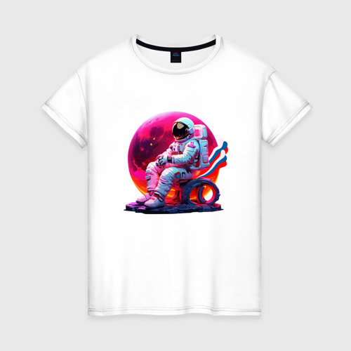 Женская футболка из хлопка с принтом Cosmonaut на луне, вид спереди №1