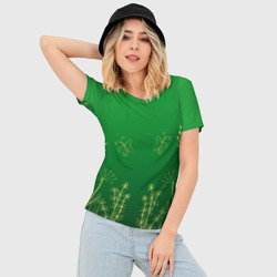 Женская футболка 3D Slim Желтые контуры растений на зеленом градиенте - фото 2