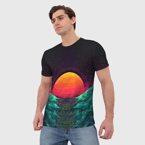 Мужская футболка 3D Пиксельный ретро закат, цвет 3D печать - фото 3