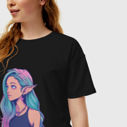 Женская футболка хлопок Oversize Девушка эльфийка Крутая городская с разноцветными волосами - фото 2