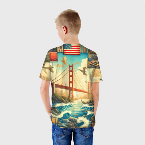 Детская футболка 3D Мост через реку и пэчворк - нейросеть арт USA bridge, цвет 3D печать - фото 4