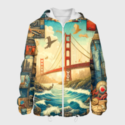 Мужская куртка 3D Мост через реку и пэчворк - нейросеть арт USA bridge