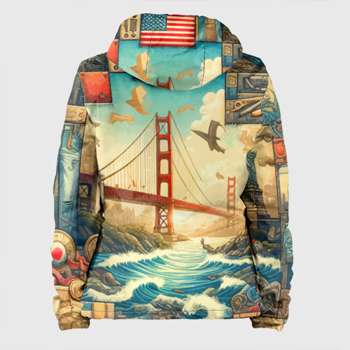 Женская куртка 3D с принтом Мост через реку и пэчворк - нейросеть арт USA bridge, вид сзади #1