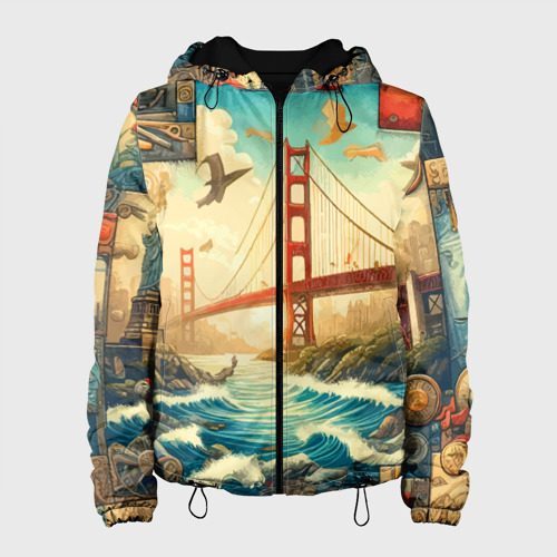 Женская куртка 3D с принтом Мост через реку и пэчворк - нейросеть арт USA bridge, вид спереди #2