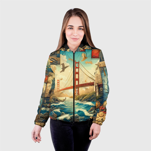 Женская куртка 3D с принтом Мост через реку и пэчворк - нейросеть арт USA bridge, фото на моделе #1