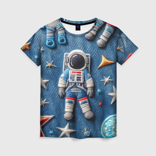 Женская футболка 3D с принтом Космонавт - вышивка по джинсе нейросеть, вид спереди #2