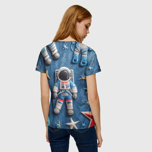 Женская футболка 3D с принтом Космонавт - вышивка по джинсе нейросеть, вид сзади #2
