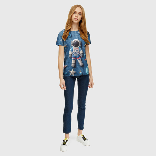 Женская футболка 3D с принтом Космонавт - вышивка по джинсе нейросеть, вид сбоку #3
