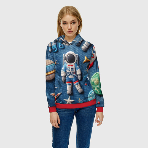 Женская толстовка 3D с принтом Космонавт - вышивка по джинсе нейросеть, фото на моделе #1