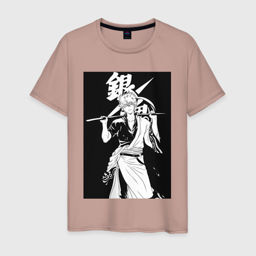 Мужская футболка хлопок Гинтама Самурай, цвет пыльно-розовый
