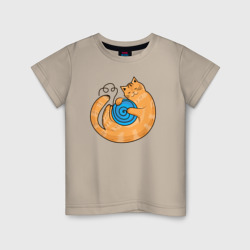 Арт мультяшный рыжий кот с клубком спит котуром – Детская футболка хлопок с принтом купить со скидкой в -20%