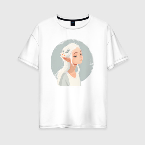 Женская футболка из хлопка оверсайз с принтом эльфийка  Задумчивая, вид спереди №1