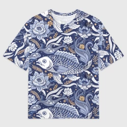 Мужская футболка oversize 3D Рыба карп - синий корейский узор