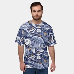 Мужская футболка oversize 3D Рыба карп - синий корейский узор - фото 2