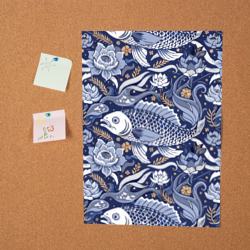 Постер с принтом Рыба карп - синий корейский узор для любого человека, вид спереди №2. Цвет основы: белый