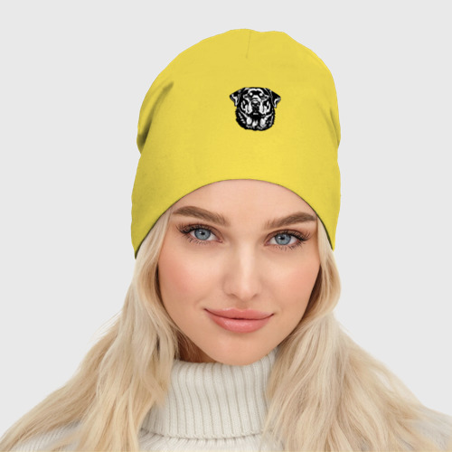 Женская шапка демисезонная Черно-белый ротвейлер, цвет желтый - фото 3