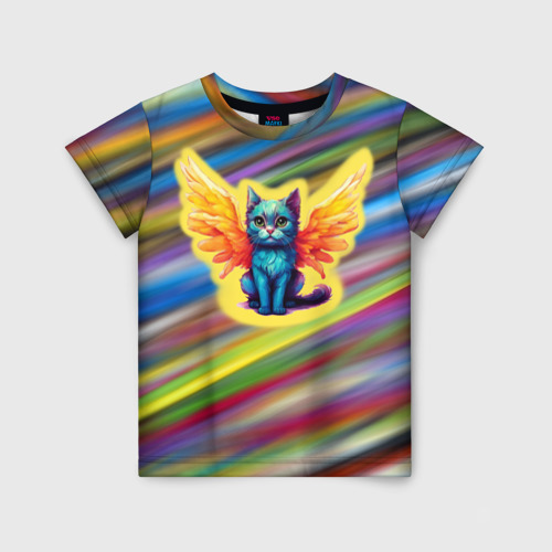 Детская футболка с принтом Сказочный крылатый кот ангел, вид спереди №1