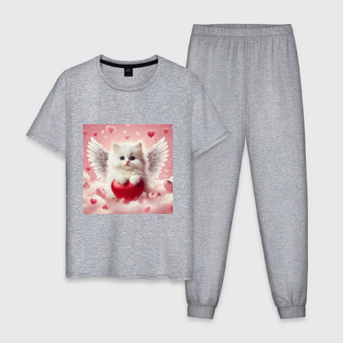 Мужская пижама хлопок с принтом Котенок с сердечком на облаке, вид спереди #2