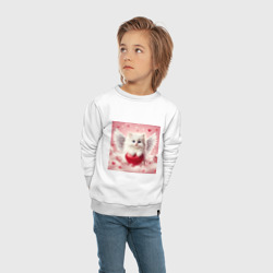 Свитшот с принтом Котенок с сердечком на облаке для ребенка, вид на модели спереди №3. Цвет основы: белый