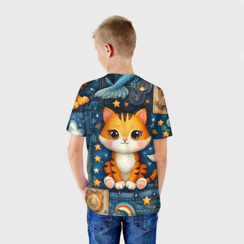 Детская футболка 3D с принтом Прикольный котейка - пэчворк нейросеть, вид сзади #2